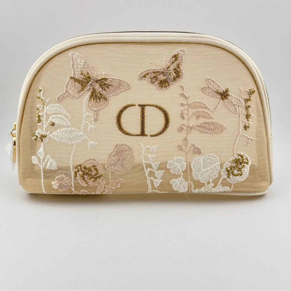 🆕 DIOR Beige Embroidered Women's Cosmetic Bag New w/ Box & Skincare Samples NIB